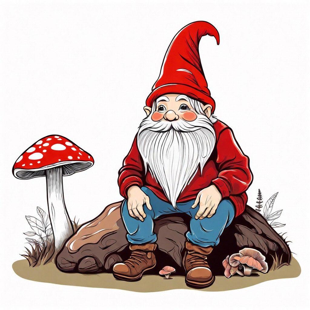 a wee gnome beside a mushroom