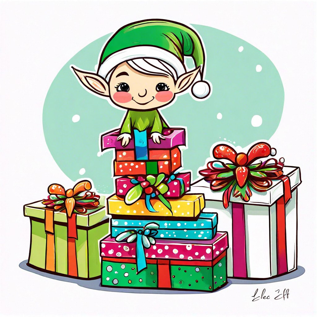 a whimsical elf with a pile of presents