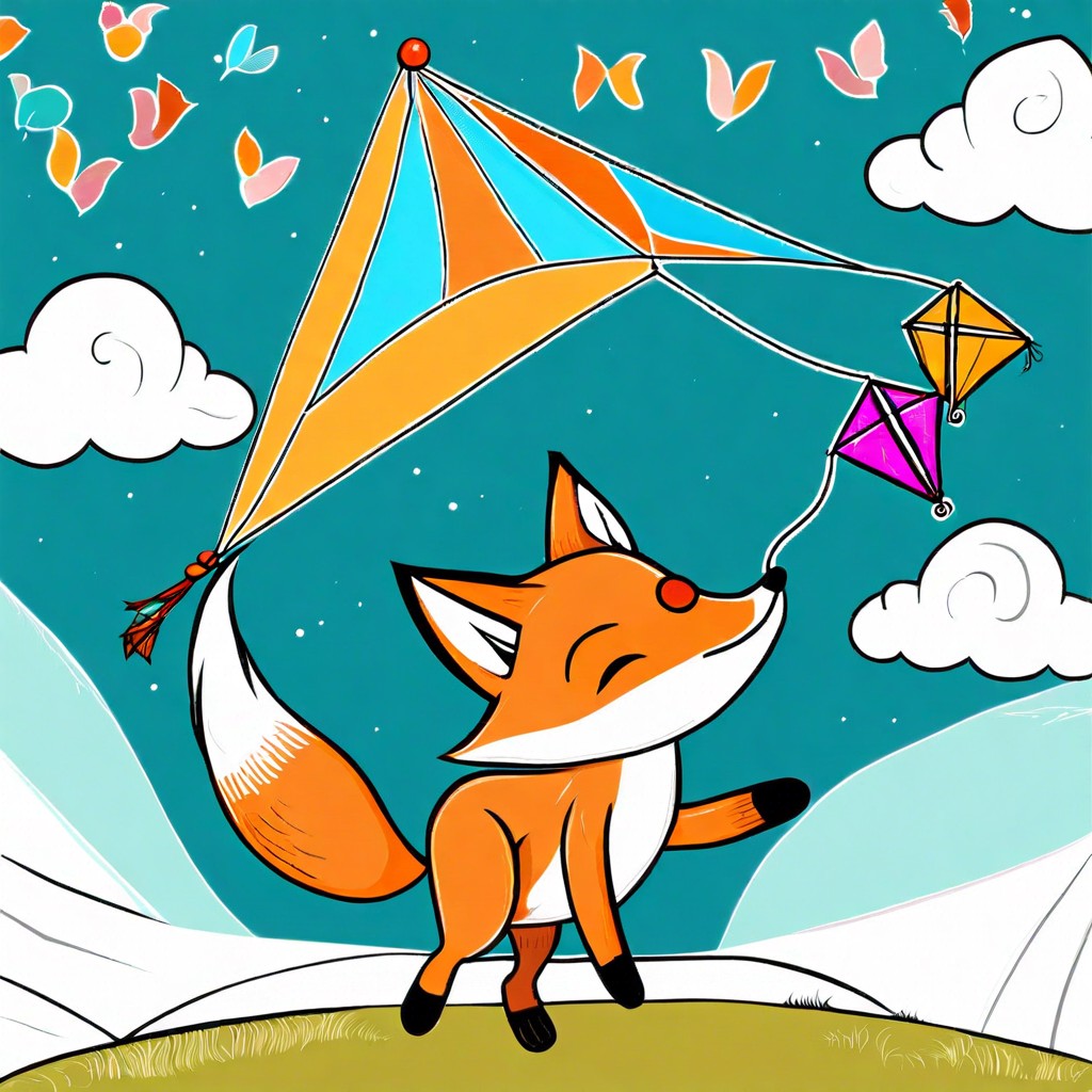 a whimsical fox flying a kite