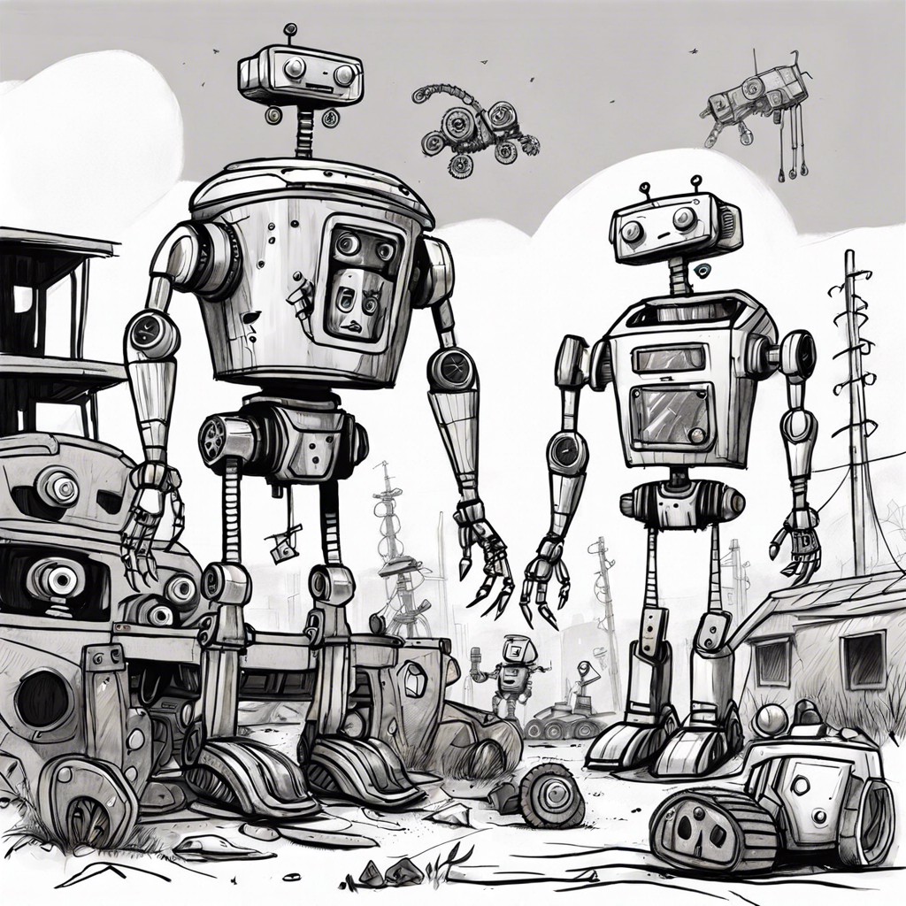 a whimsical junkyard where discarded items evolve into quirky sentient robots