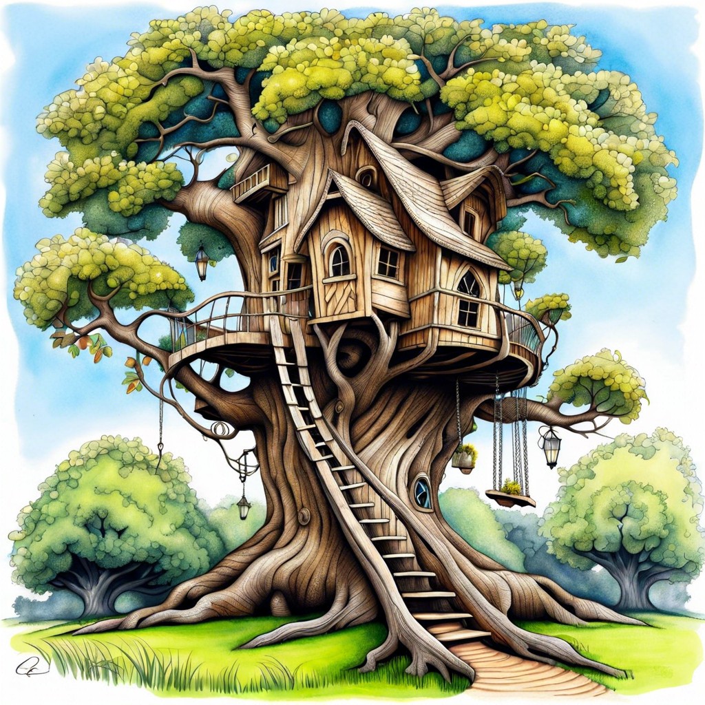 a whimsical treehouse in an ancient tree