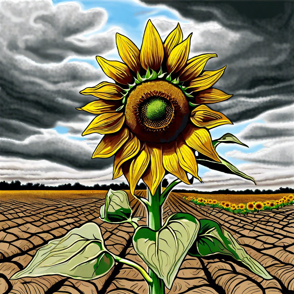 a wilting sunflower in a dry field