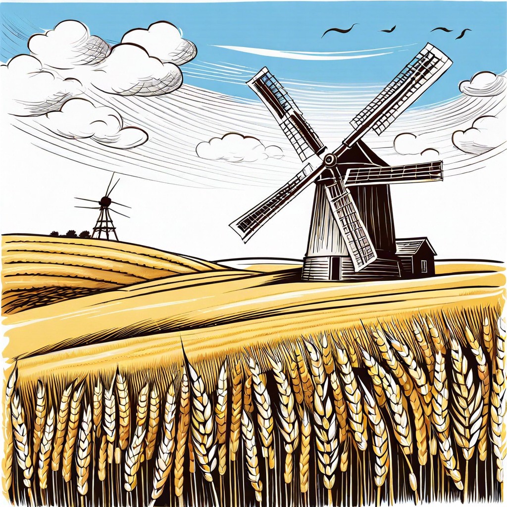 a windmill on a wheat farm with golden fields