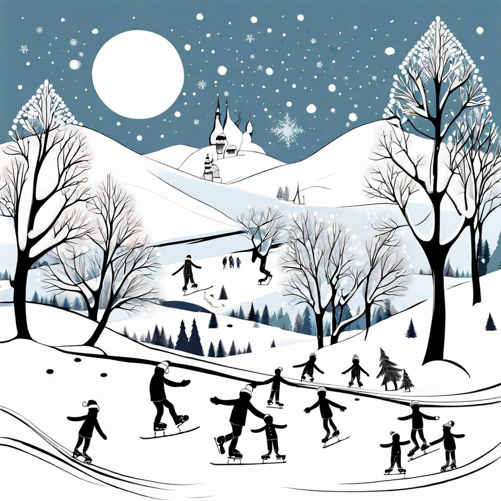 a winter wonderland with ice skaters and snowmen