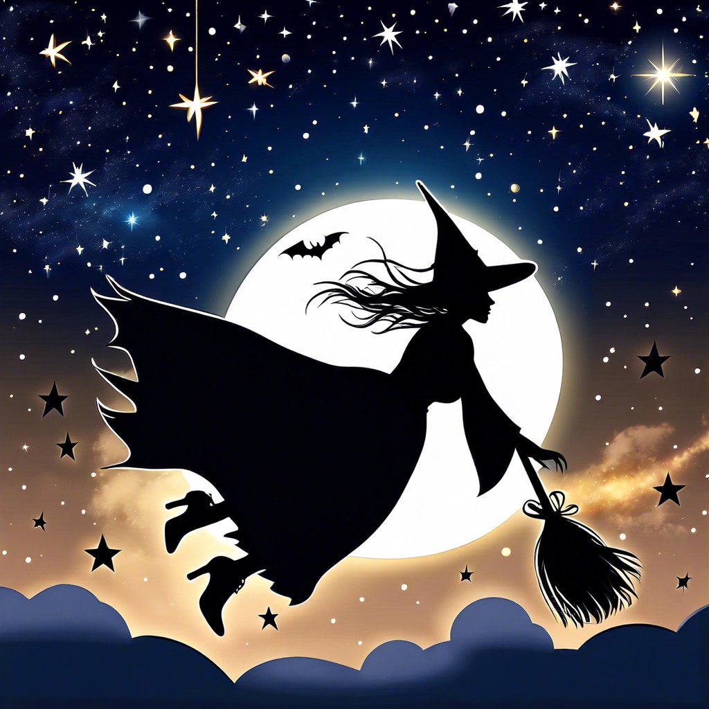 a witch riding a broomstick across a starry sky