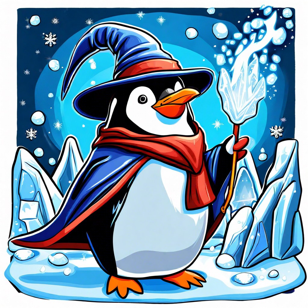 a wizard penguin casting icy spells