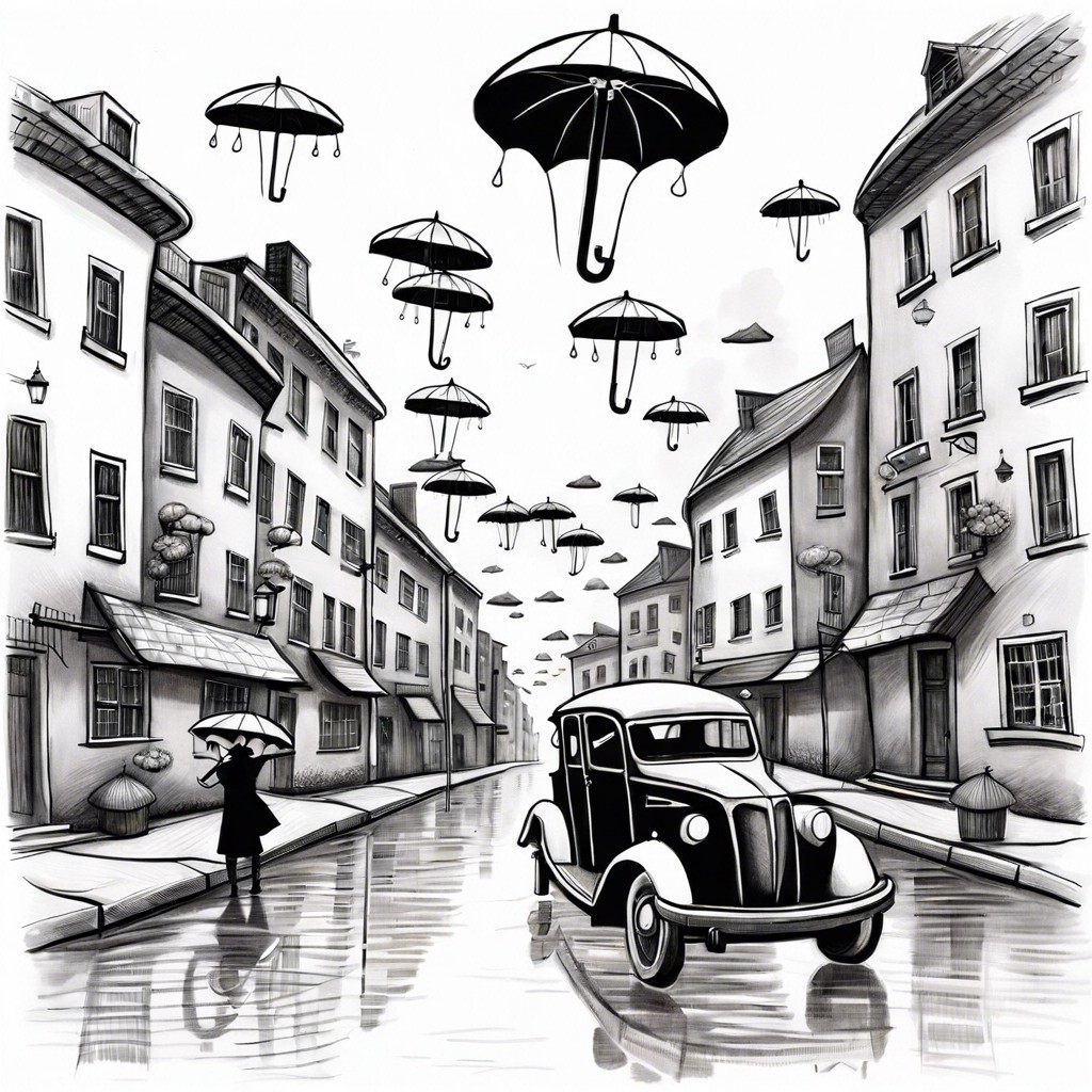 a world where people use floating umbrellas to drift to their destinations