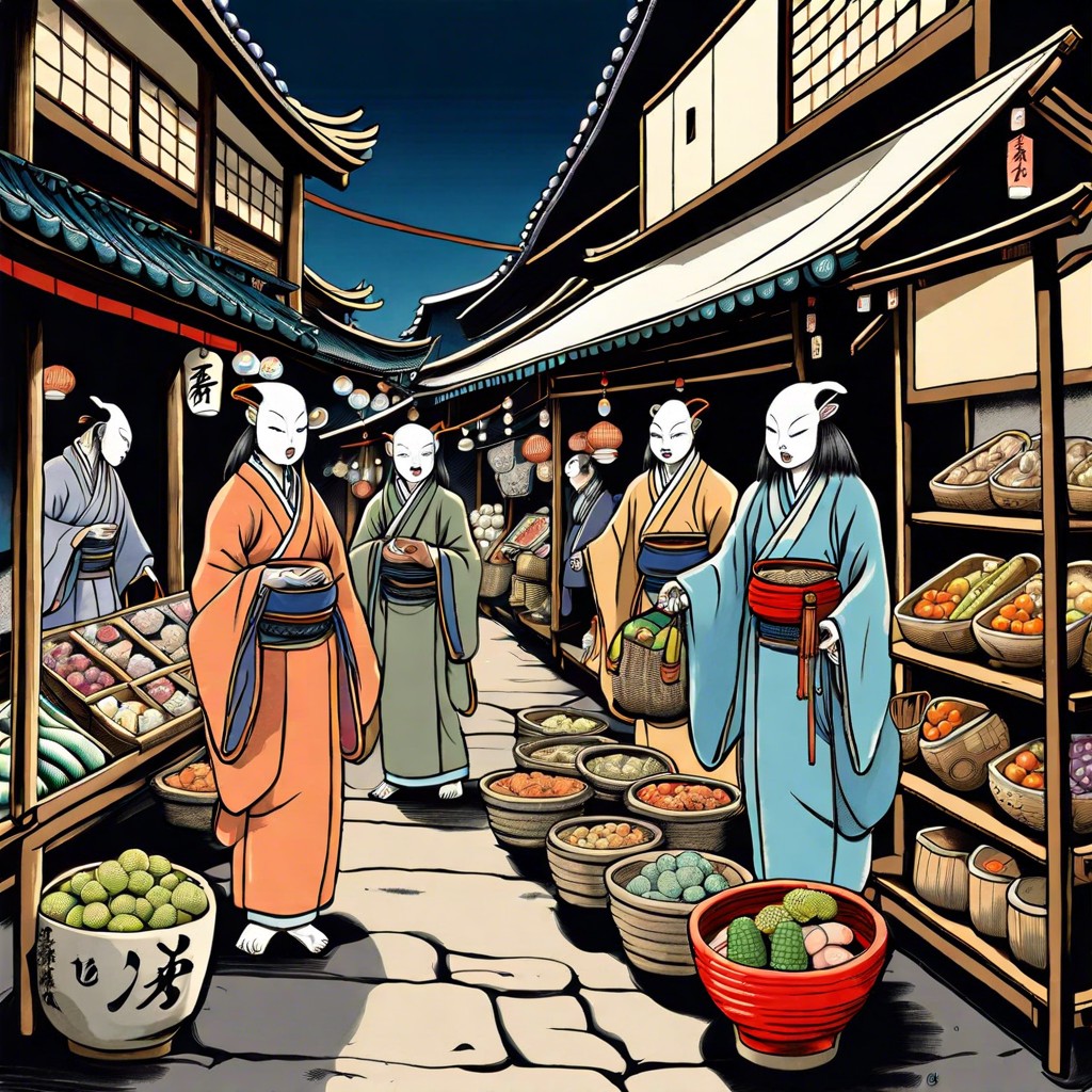 a yokai street market bustling with supernatural creatures