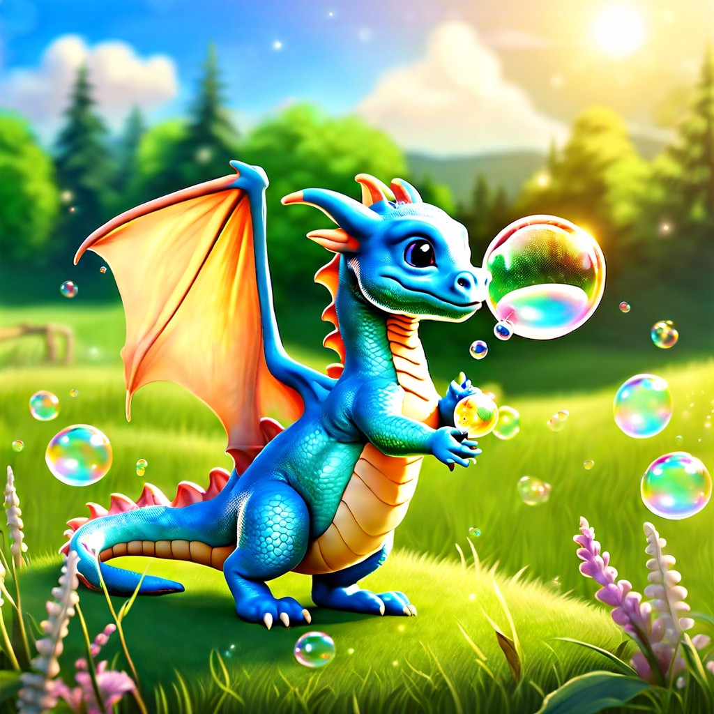 a young dragon blowing bubbles