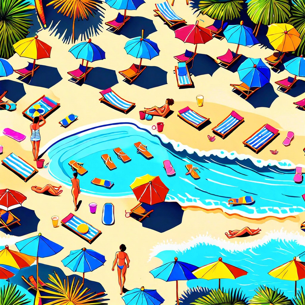 aerial view of colorful beach umbrellas and sunbathers