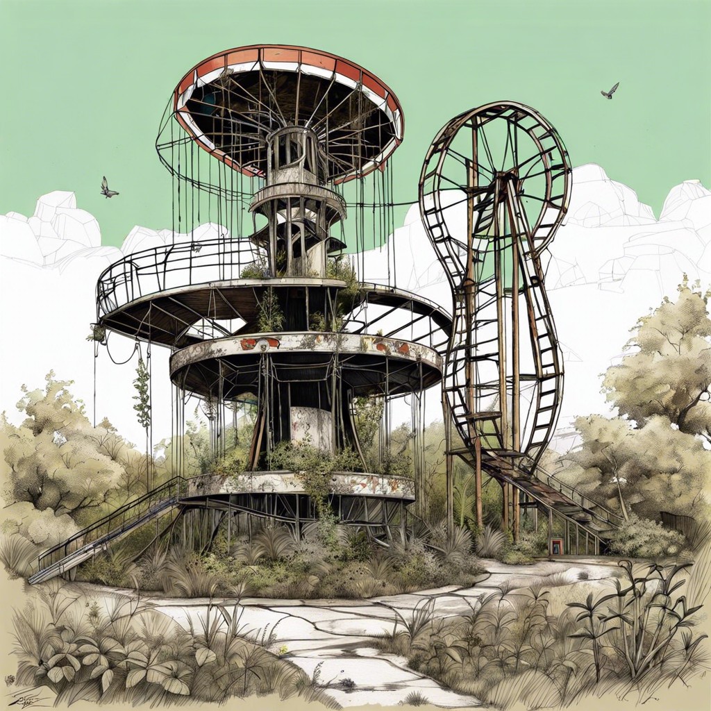an abandoned amusement park overgrown with nature