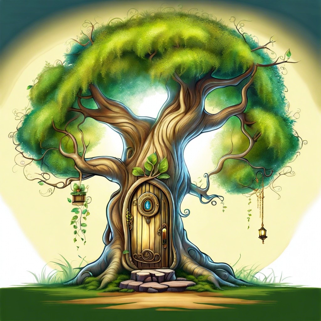 an ancient tree with a hidden door leading to a fantasy world