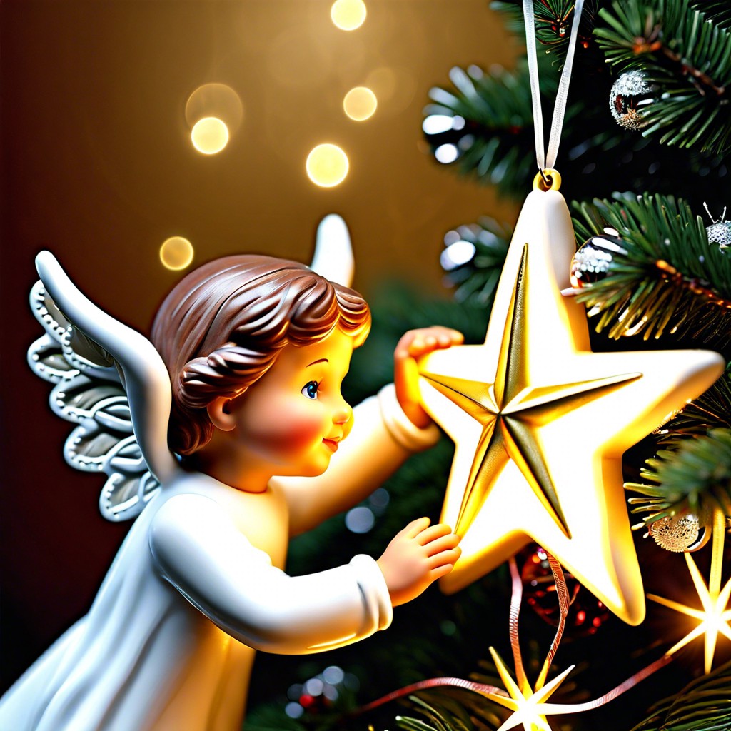 an angel placing a star atop a tree