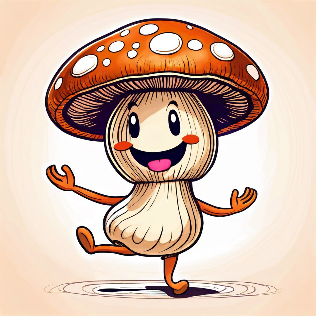 an anthropomorphic mushroom character dancing or walking
