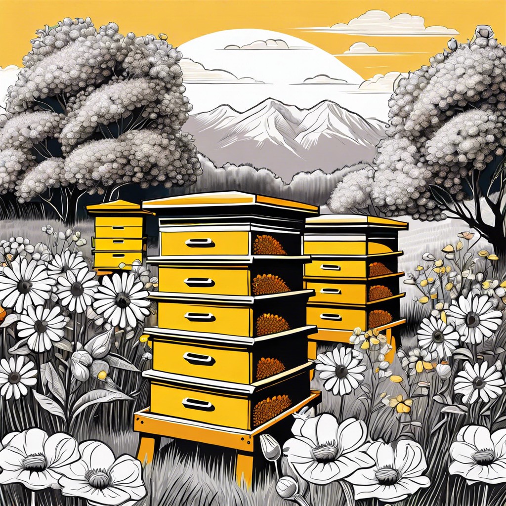 an apiary with beehives and flowering gardens