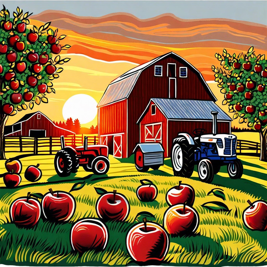 an apple orchard with a barn and tractor