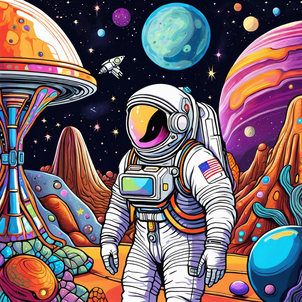 an astronaut discovering a vibrant alien market