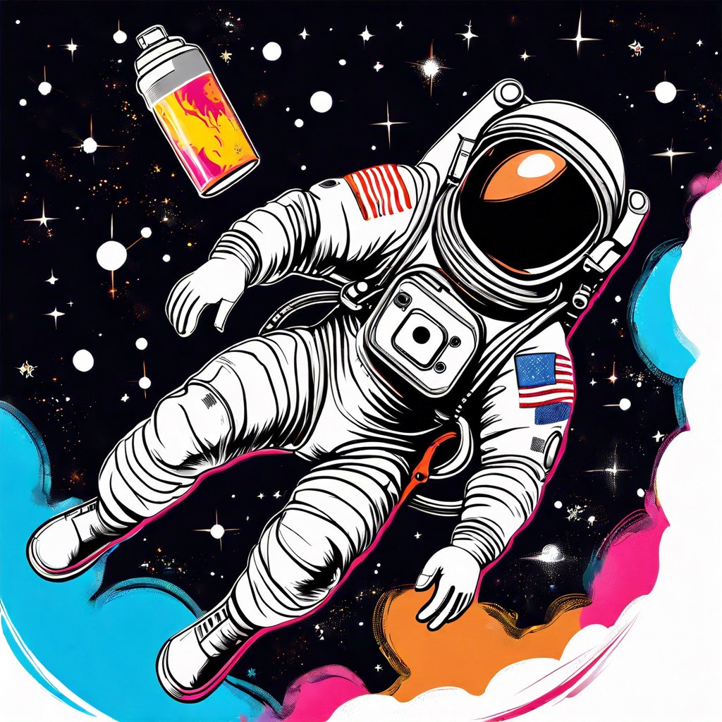 an astronaut floating with a spray paint can