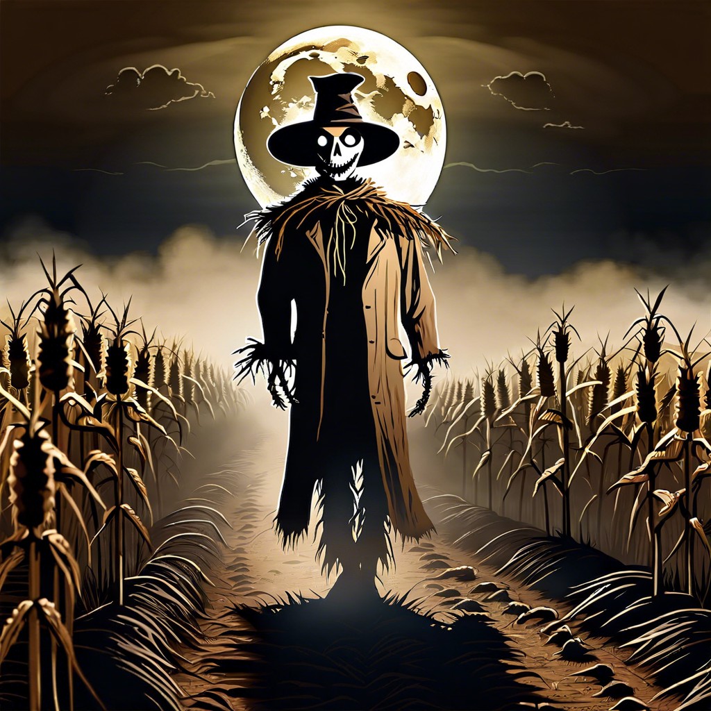 an eerie scarecrow in a moonlit field