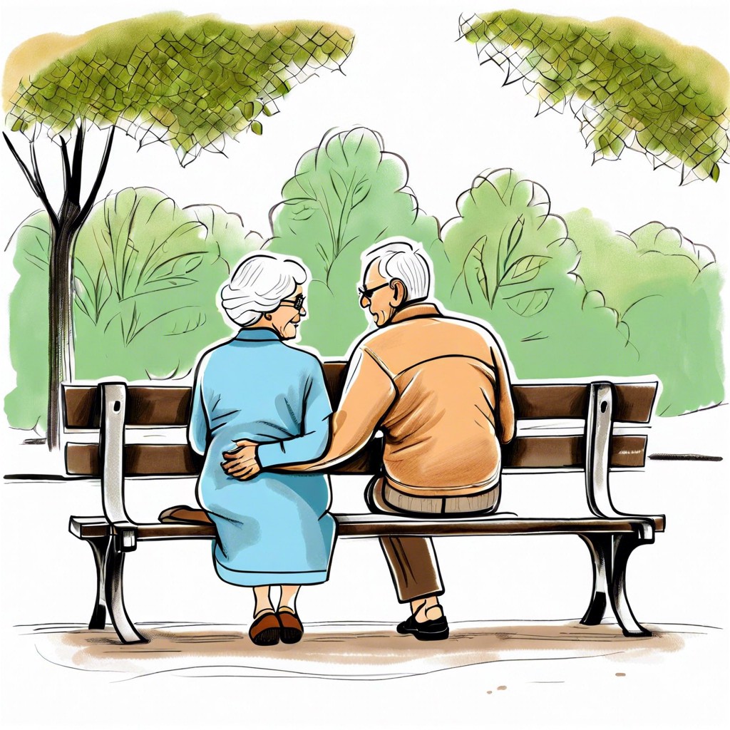 an elderly couple on a park bench