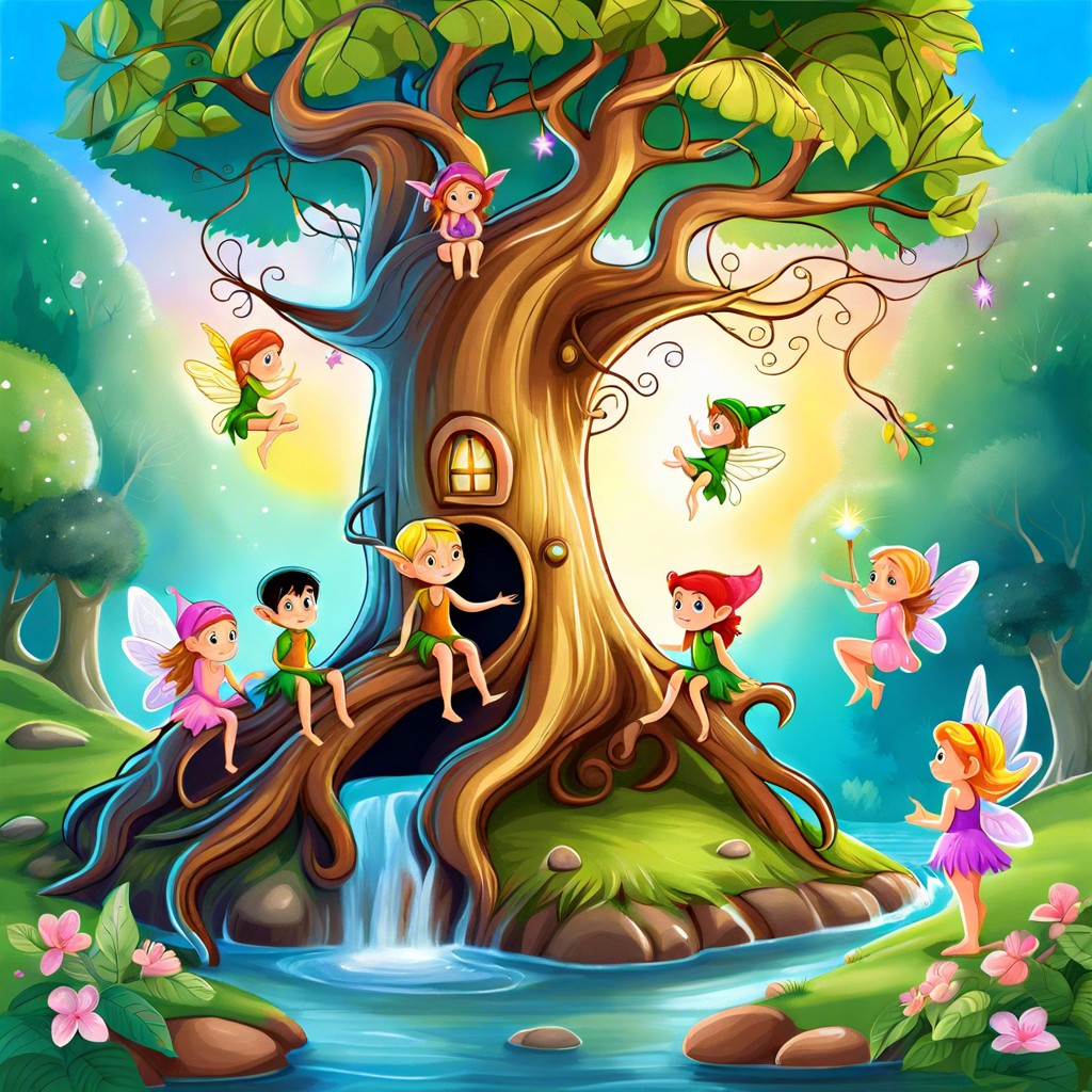 an enchanted tree with fairies and elves
