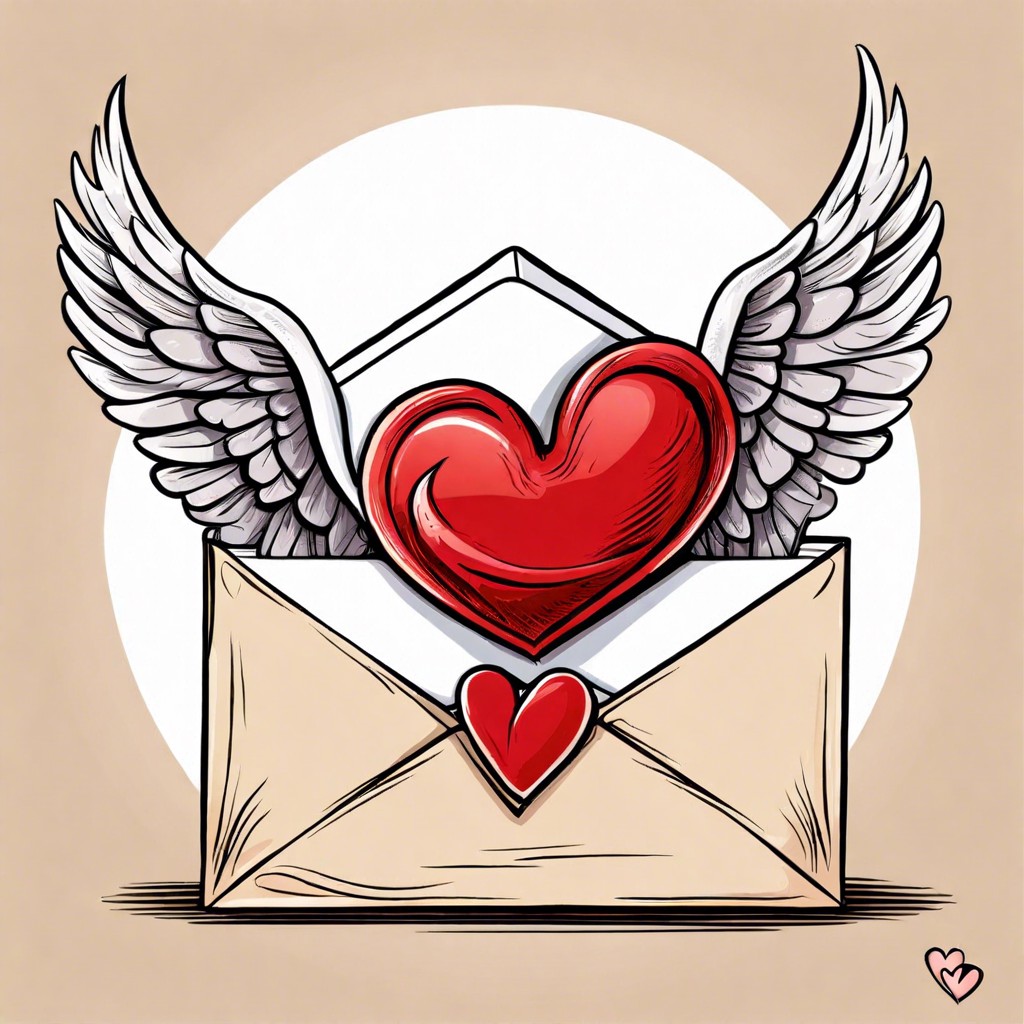 an envelope with wings delivering a love letter with a heart seal