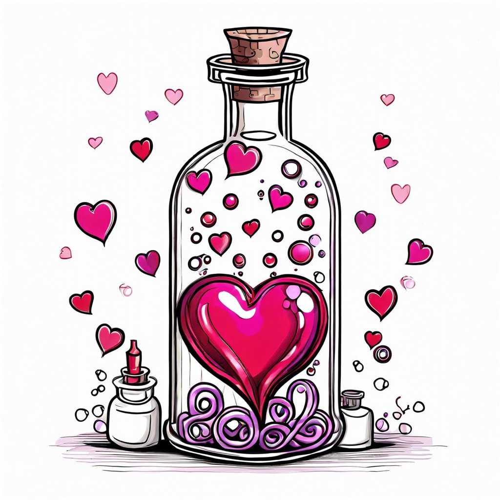 an illustrated love potion bottle with hearts bubbling out