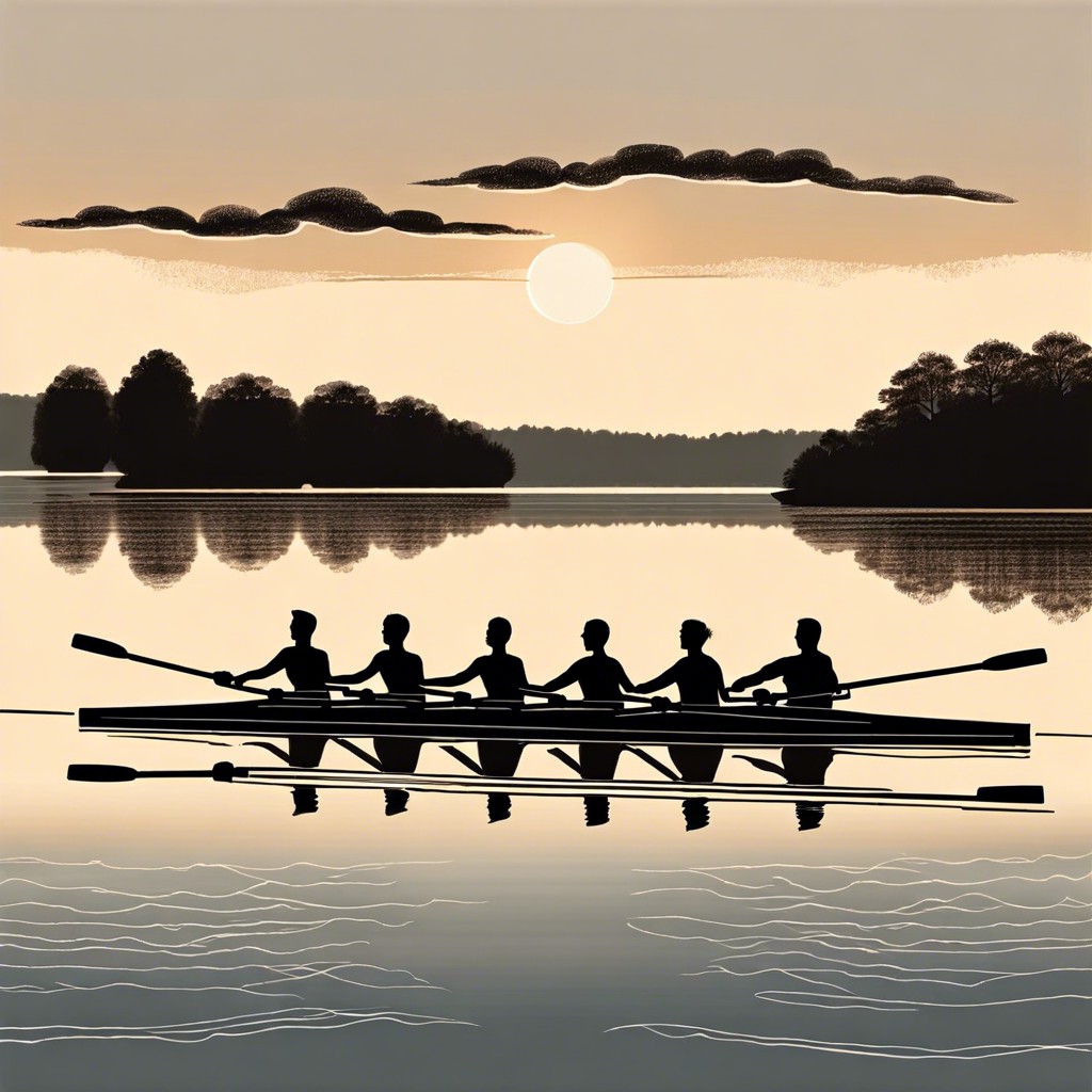 an illustrated rowing crew in mid stroke on a serene lake