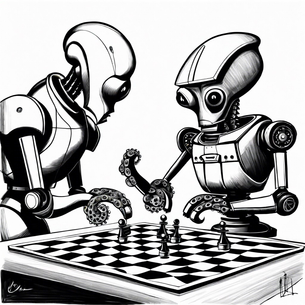 an octopus playing chess with a robot