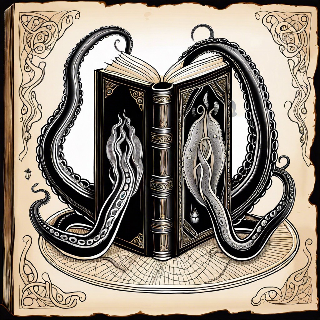 an old book with tentacles emerging from the pages