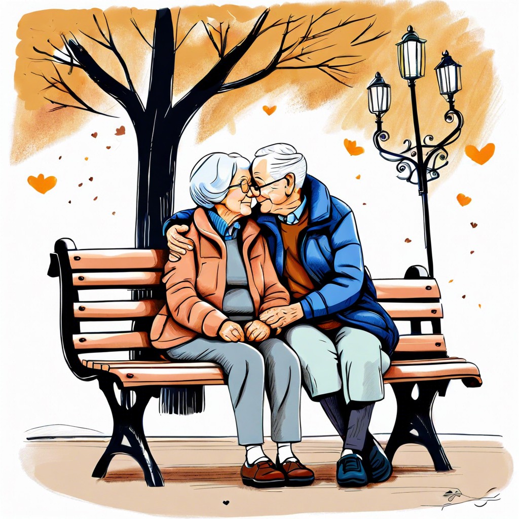 an old couple sitting on a park bench leaning on each other