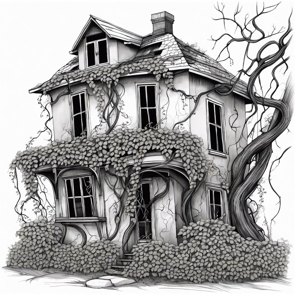 an old empty house with overgrown vines