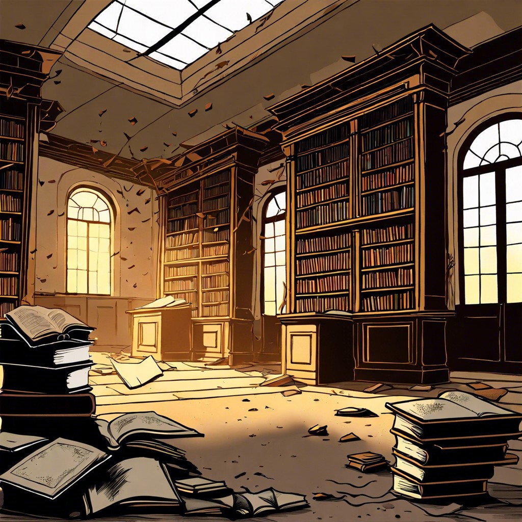 an old forgotten library with books scattered around
