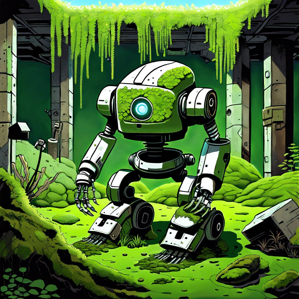 an old moss covered robot gardening in a post apocalyptic world