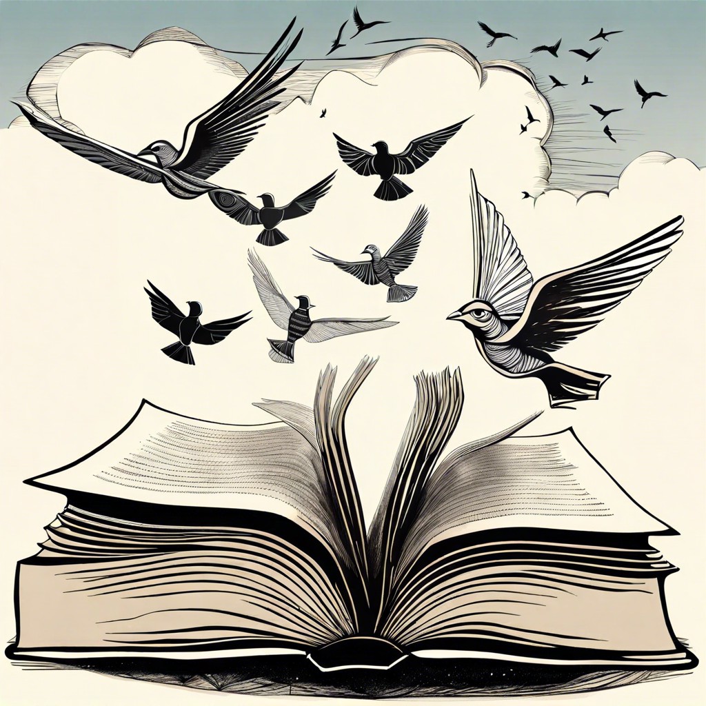 an open book with pages turning into birds flying towards the sky