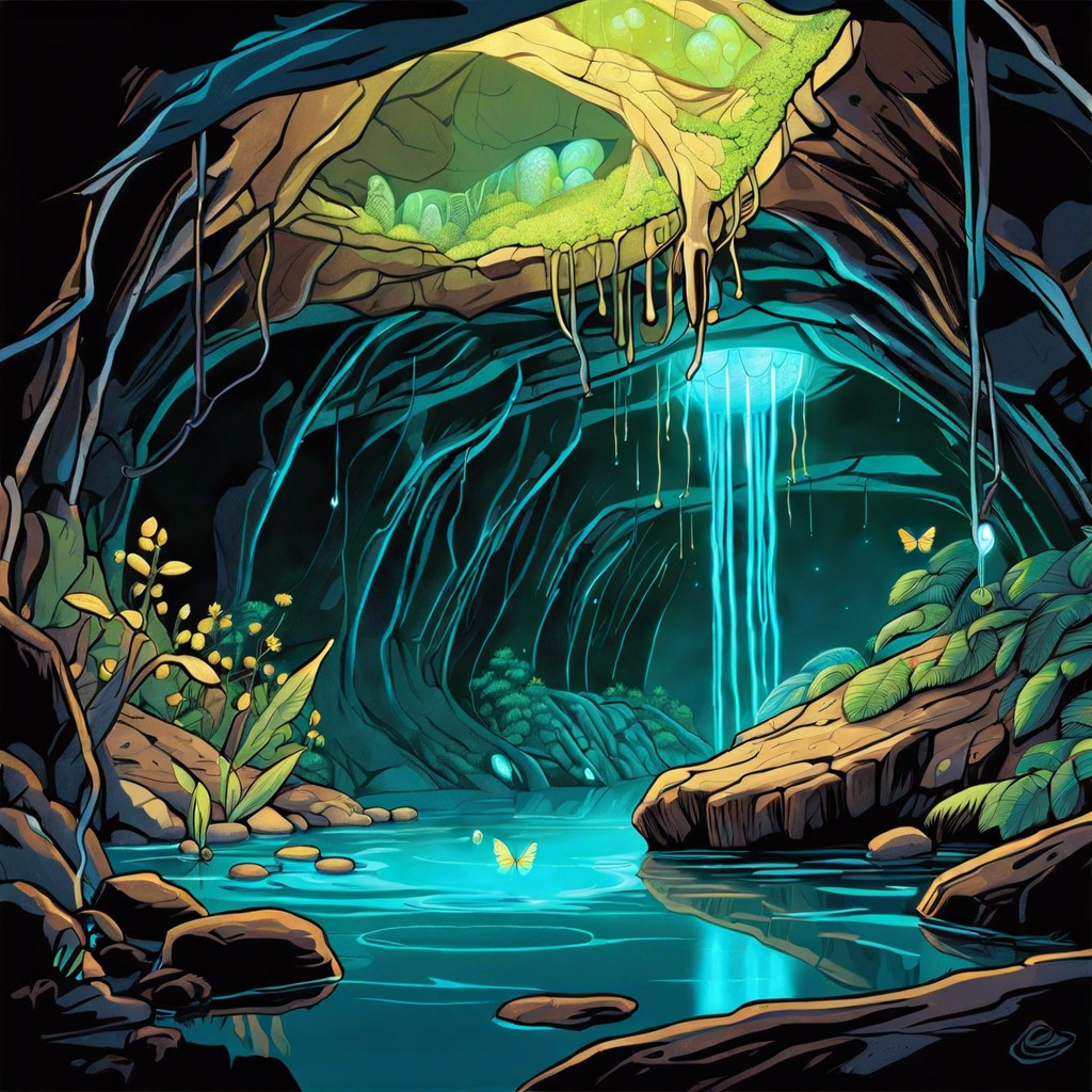 an underground cavern filled with bioluminescent insects