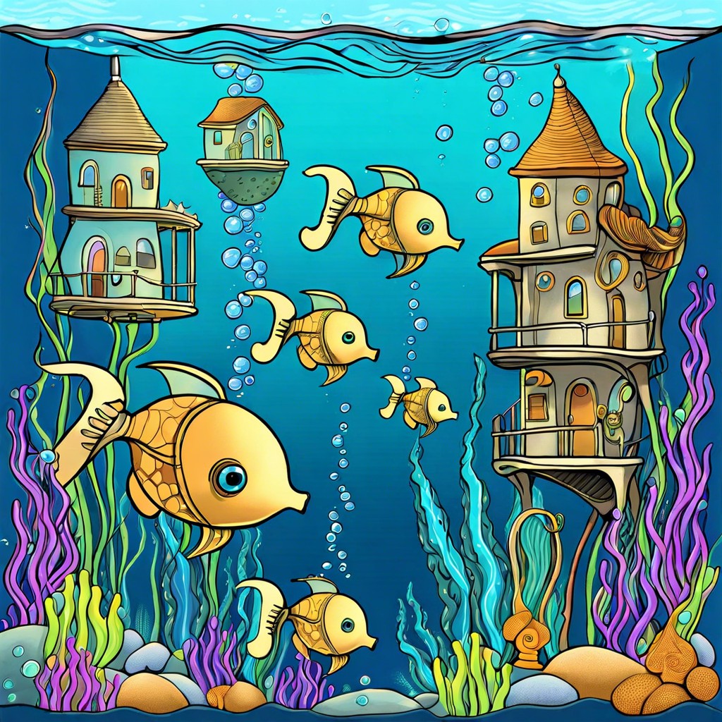 an underwater city with bubble homes where fish and humans coexist and commute by seahorses