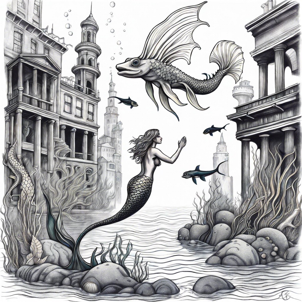 an underwater city with merfolk and aquatic dragons