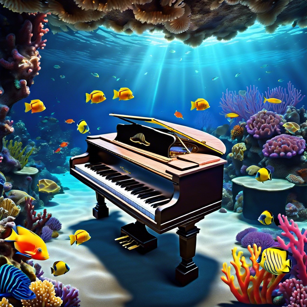 an underwater scene with a submerged piano