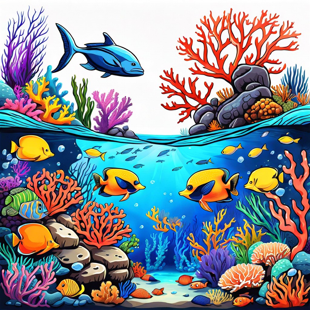 an underwater scene with coral and marine life