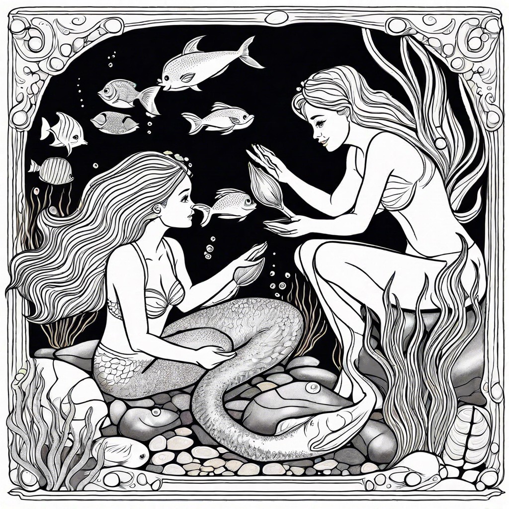 an underwater scene with mermaids and treasure
