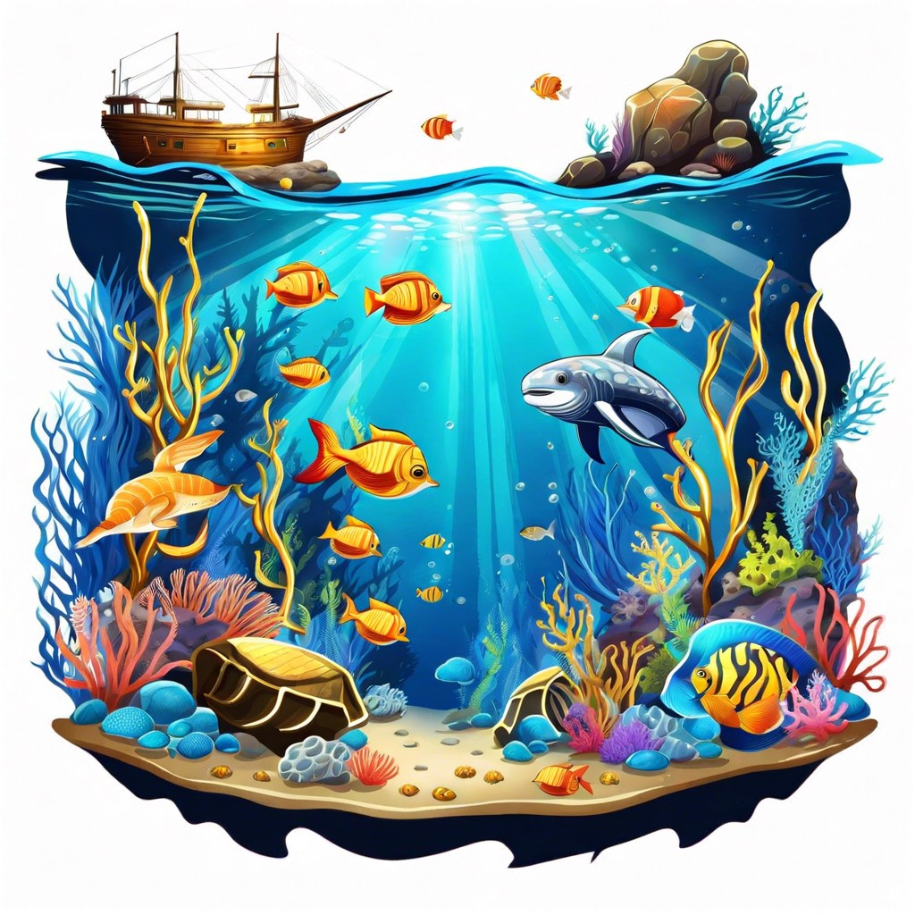 an underwater scene with sunken treasure and marine life