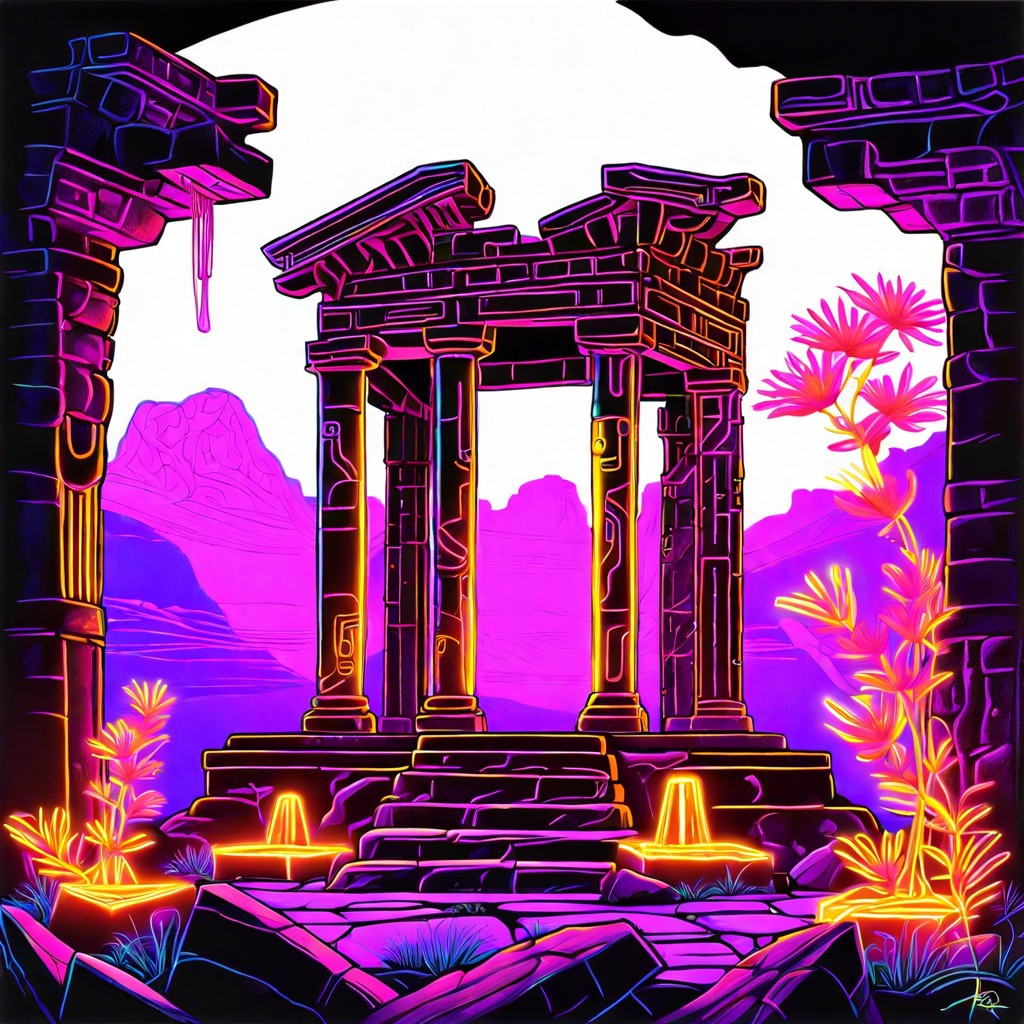 ancient ruins overgrown with neon plants