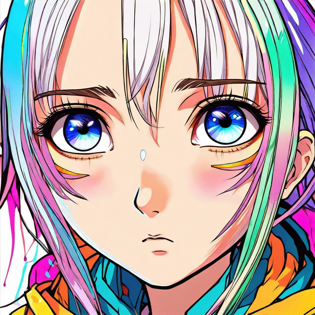 anime eyes with exaggerated teardrop shapes and vibrant colors