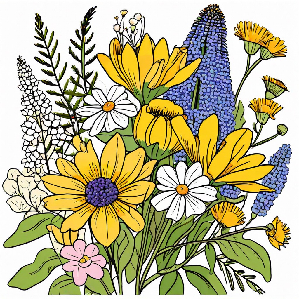 assemble a bouquet of various wildflowers