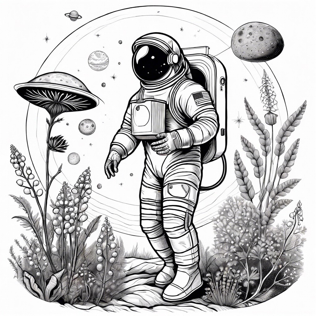 astronaut with alien plants in a bio container suit
