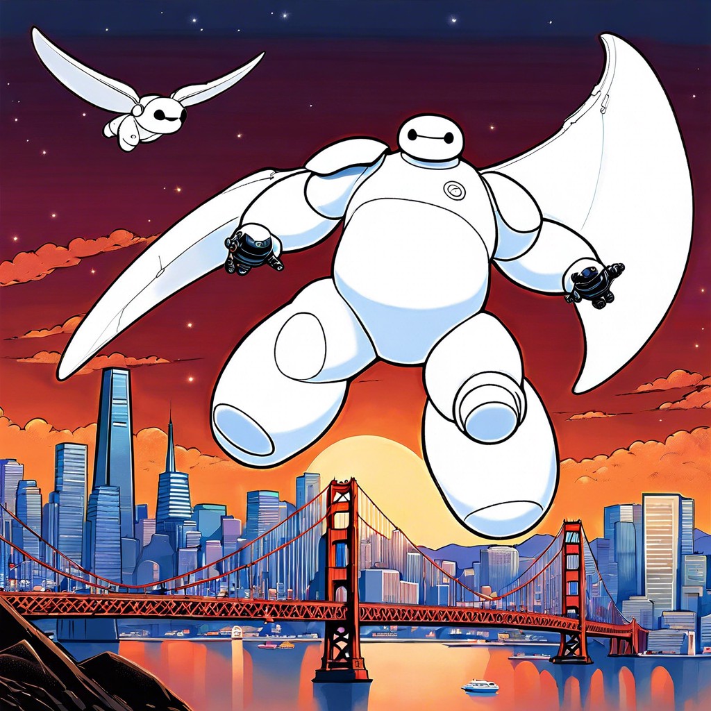 baymax and hiro in flight mode over san fransokyo