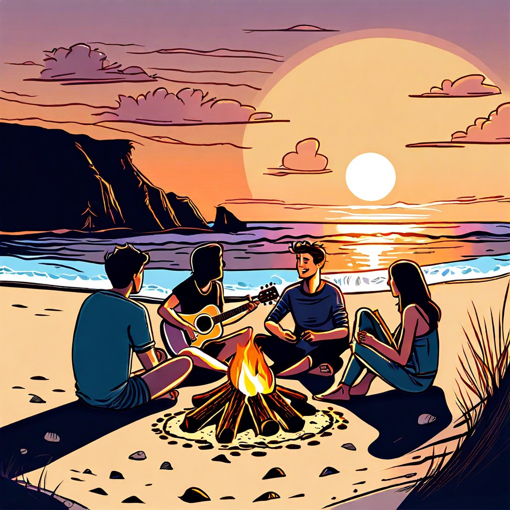 beachside campfire with friends playing guitar
