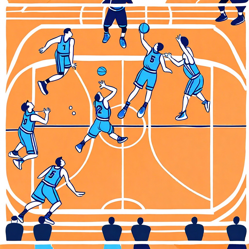 birds eye view of a full basketball court during a game