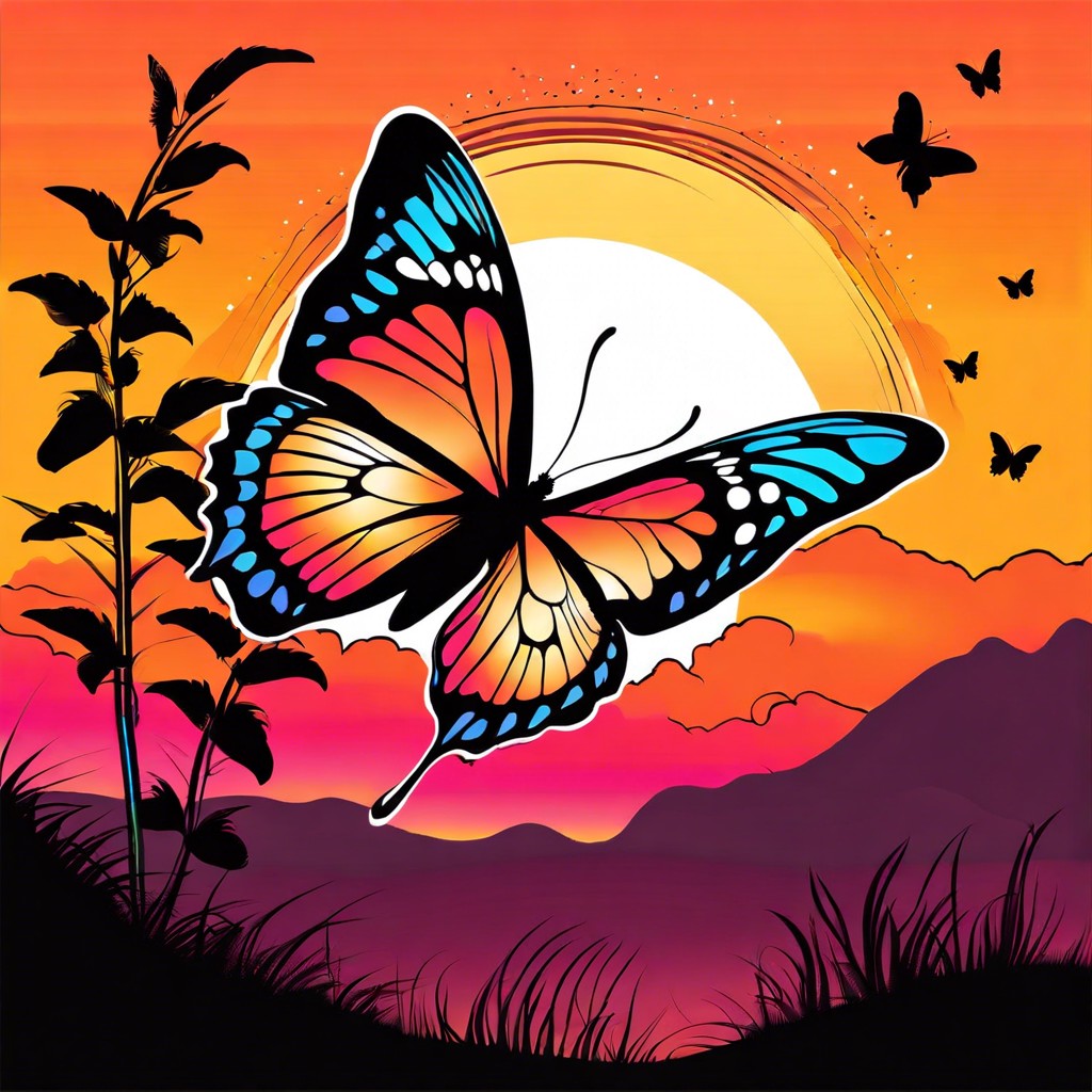 butterfly silhouette against a sunset background